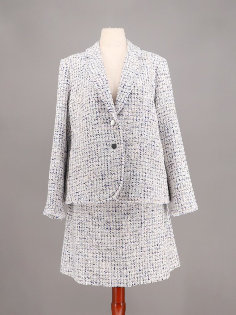 J. CREW Tweed Blazer with Fringe & Skirt in Blue Ivory Grid Tweed Size 18/20